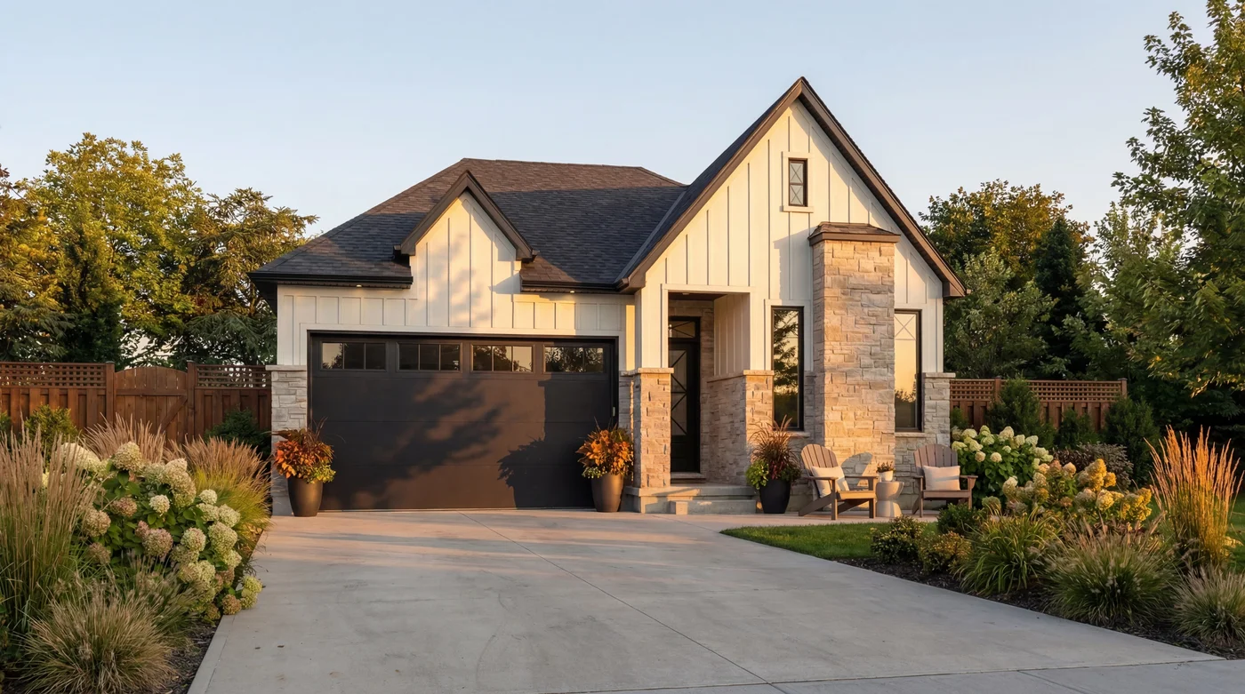Starlit Homes custom home exterior with stone and board-and-batten cladding in Ailsa Craig Ontario